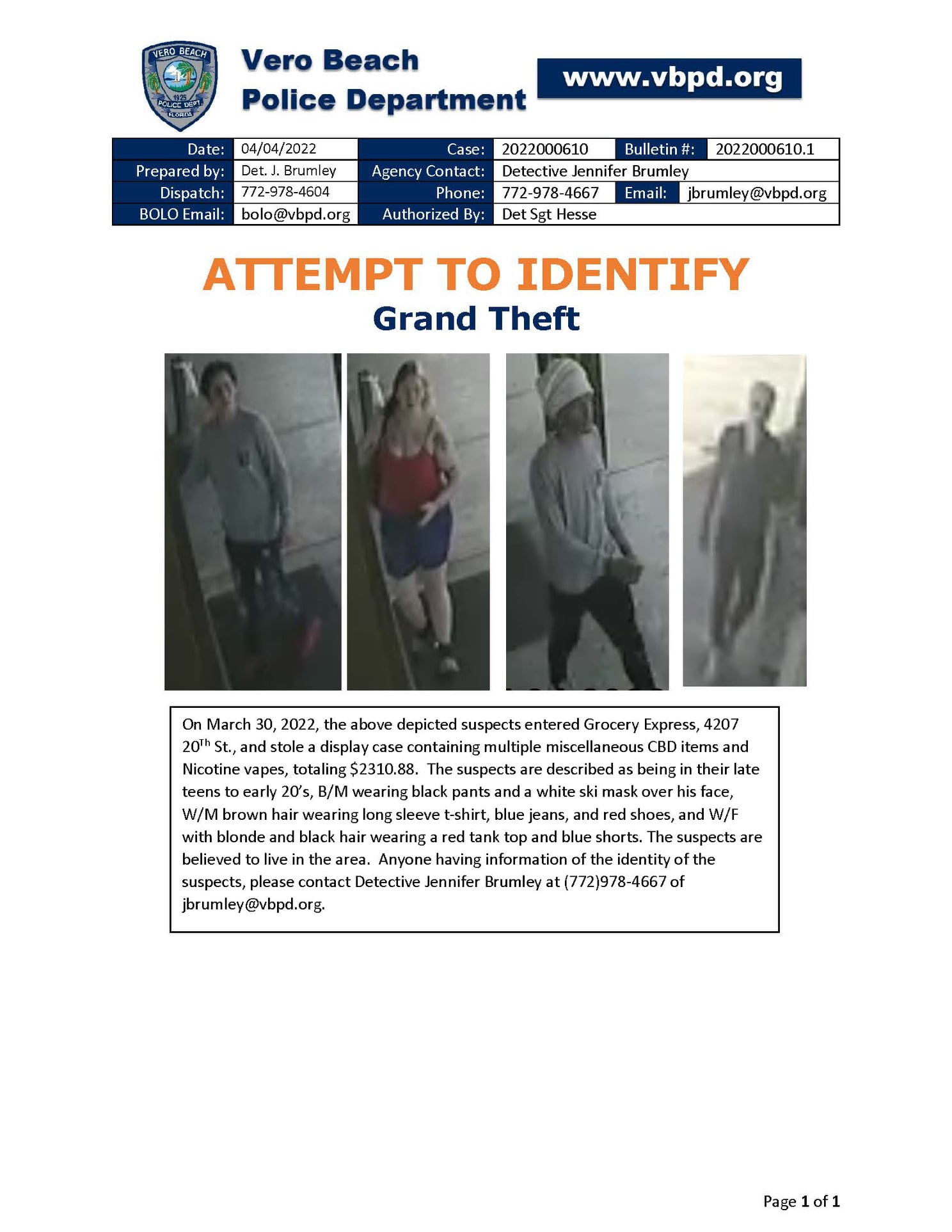 Vero Beach Police attempting to identify grand theft suspects