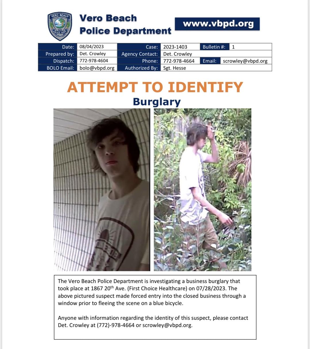 Vero Beach Police attempting to ID suspect in business burglary