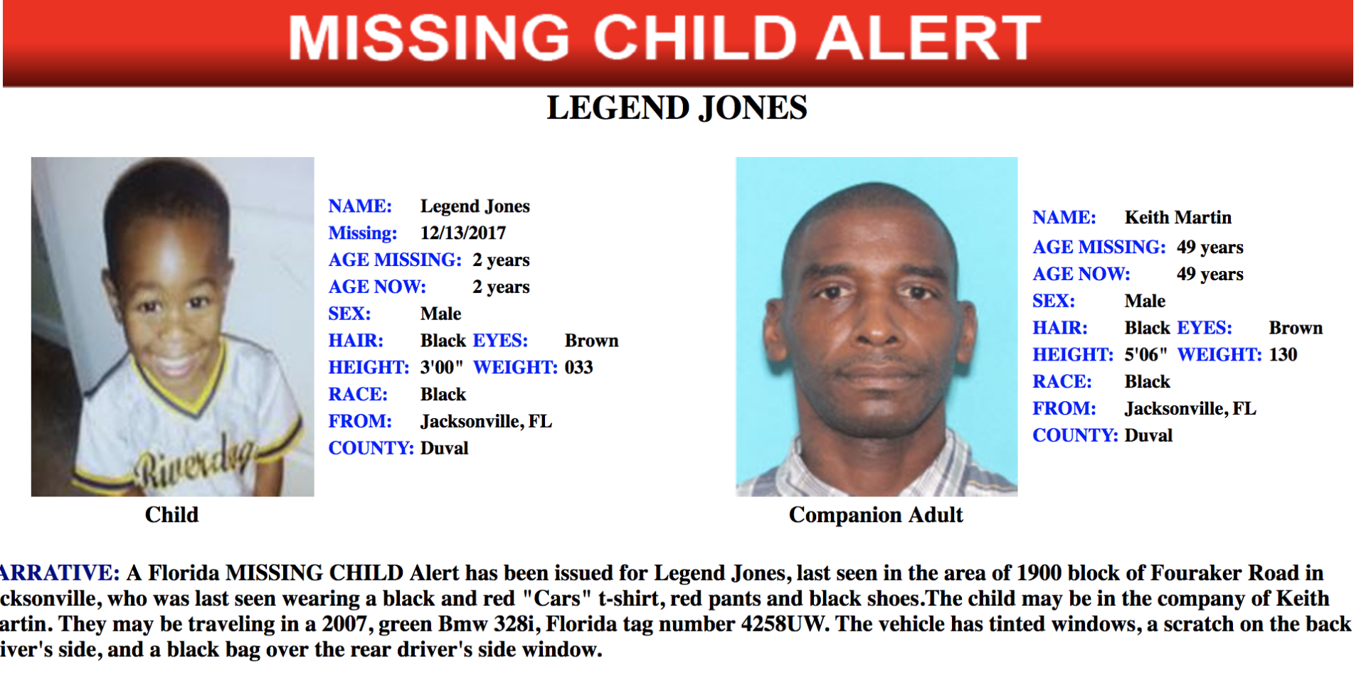 Missing Child Alert: 2 YO Jacksonville boy