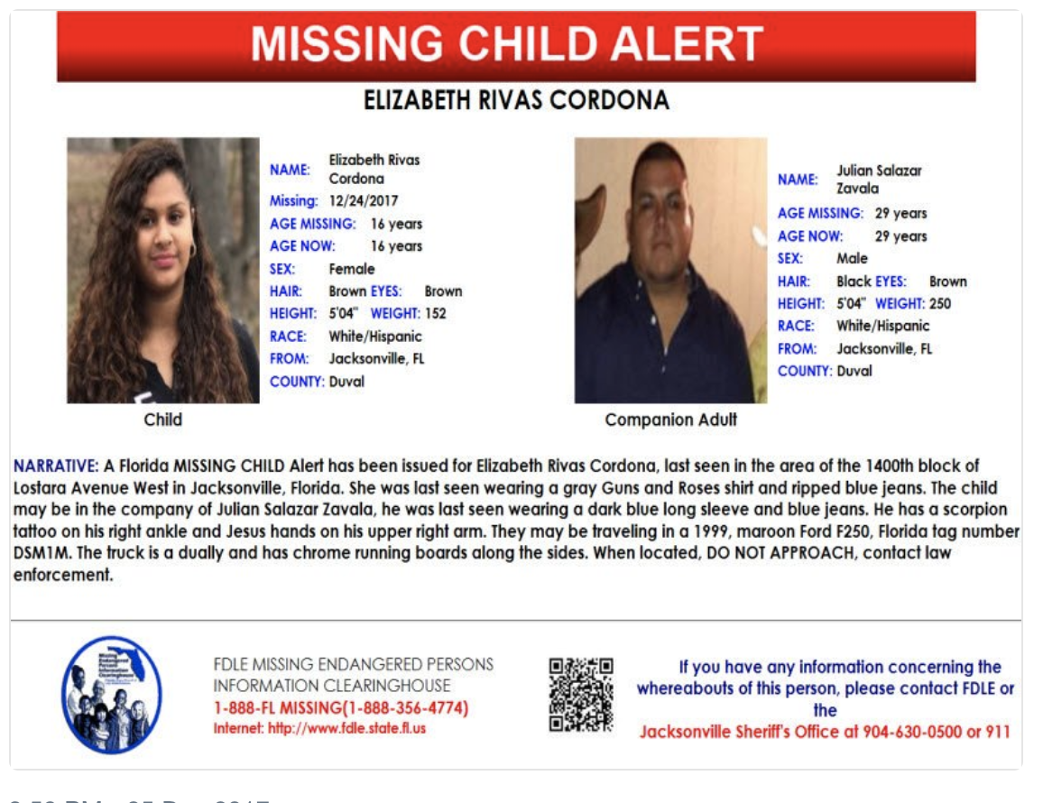 MISSING CHILD ALERT: 16 YO white/hispanic female from Jacksonville