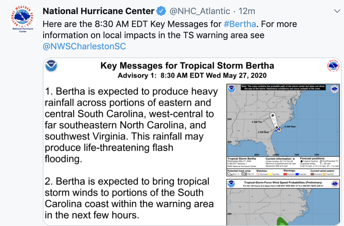 Tropical Storm Bertha forms, 2nd named storm ahead of official start of hurricane season