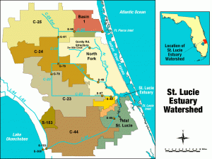 SFWMD canal and basin map. C-44 canal is the canal most southerly in the image. 